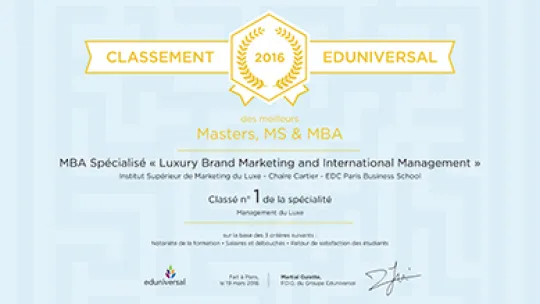 Sup de Luxe : N° 1 du classement 2016 des 20 meilleures formations françaises au Management du Luxe