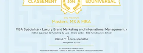 Sup de Luxe : N° 1 du classement 2016 des 20 meilleures formations françaises au Management du Luxe