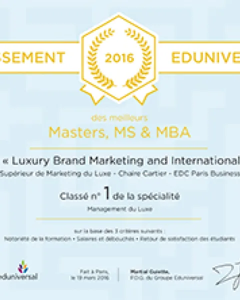 Sup de Luxe : N° 1 du classement 2016 des 20 meilleures formations françaises au Management du Luxe